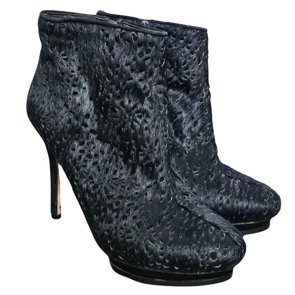 BCBGMaxAzria Ven Ankle Boots Heel Zip Pony Hair Black 8.5B edgy glam rock